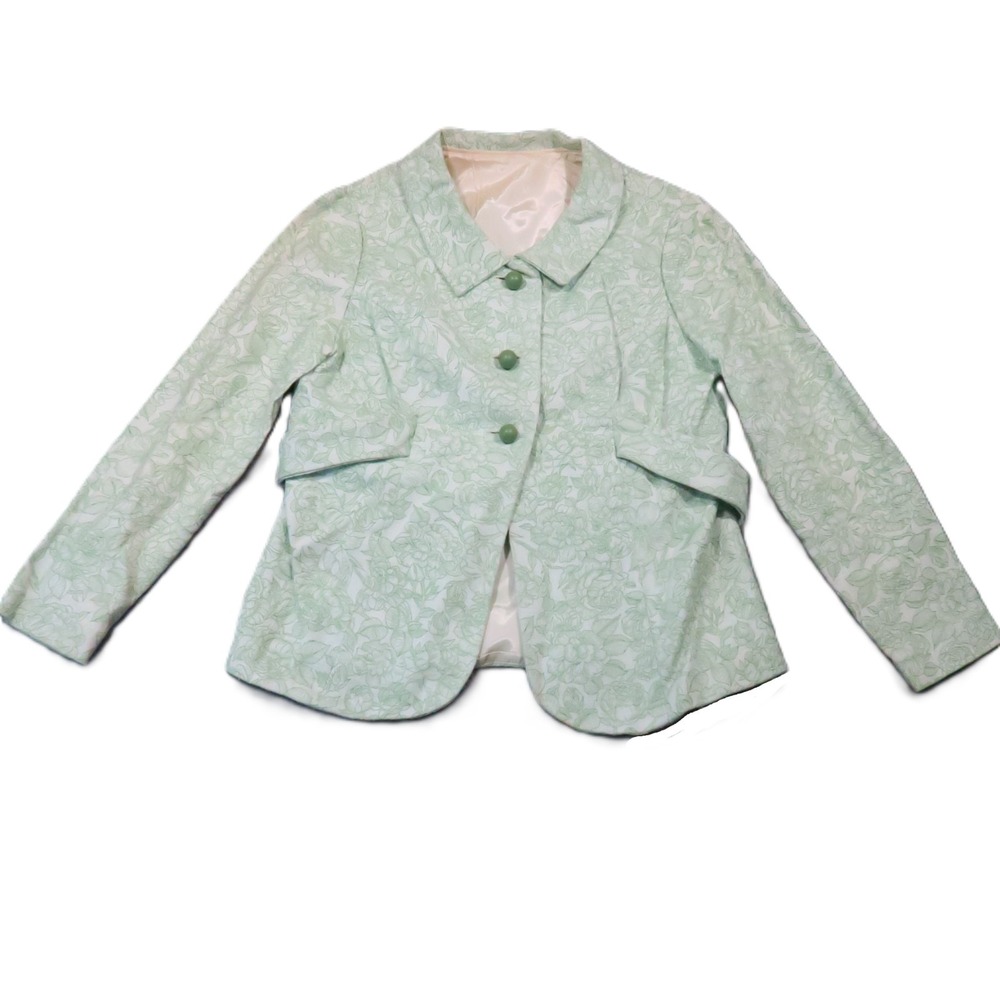 Vintage Floral Jacquard Blazer Jacket Womens 9 Green Belted Peplum Lined Cottage